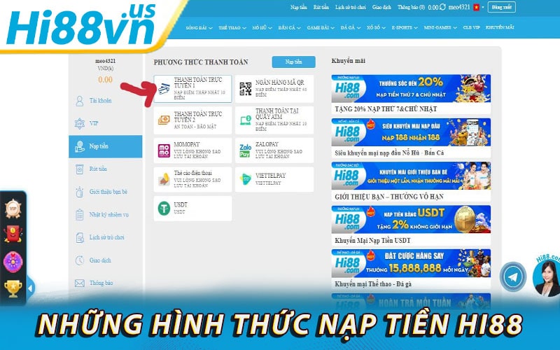 Một số hình thức nạp tiền hi88 phổ biến nhất hiện nay